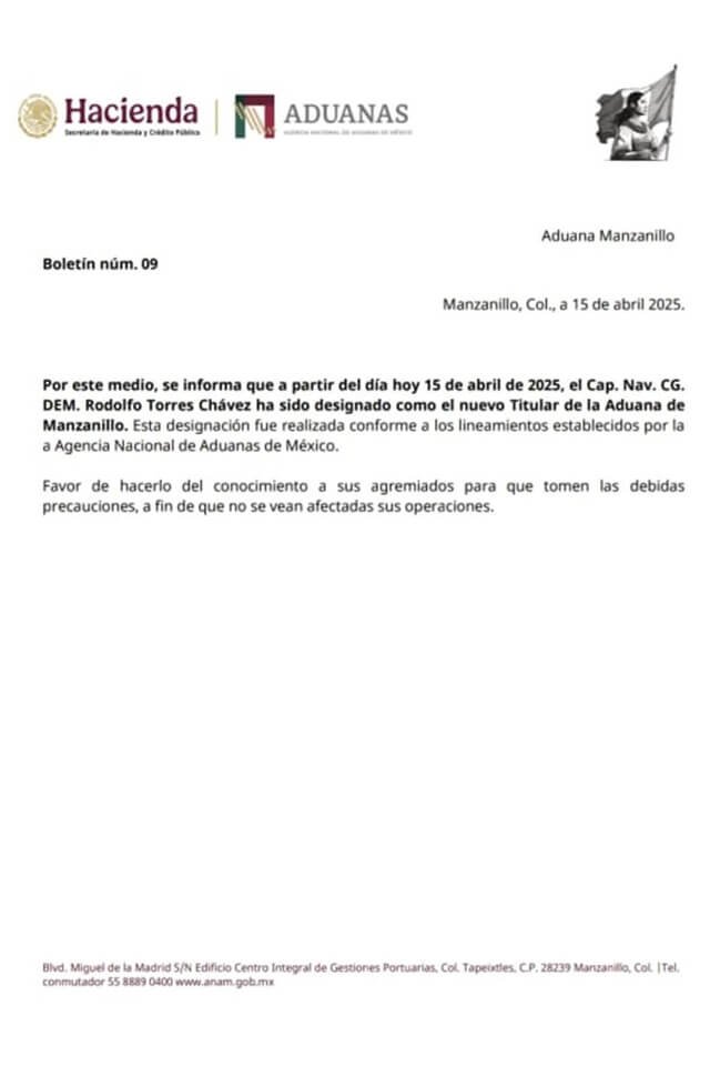 el puerto mexicano de manzanillo sustituye al jefe de aduanas